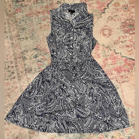 AB Studio Sleeveless Paisley Shirt Dress | Size 12 | Navy & White |Cotton Blend - Picture 1 of 4